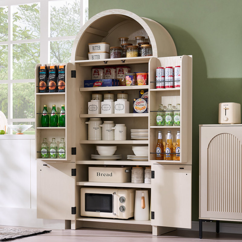  71" Tall Modern Arched Bathroom Storage Cabinet, Fluted Storage Cabinet w/3 Adjustable Shelves, 6 Door Shelves, Cream