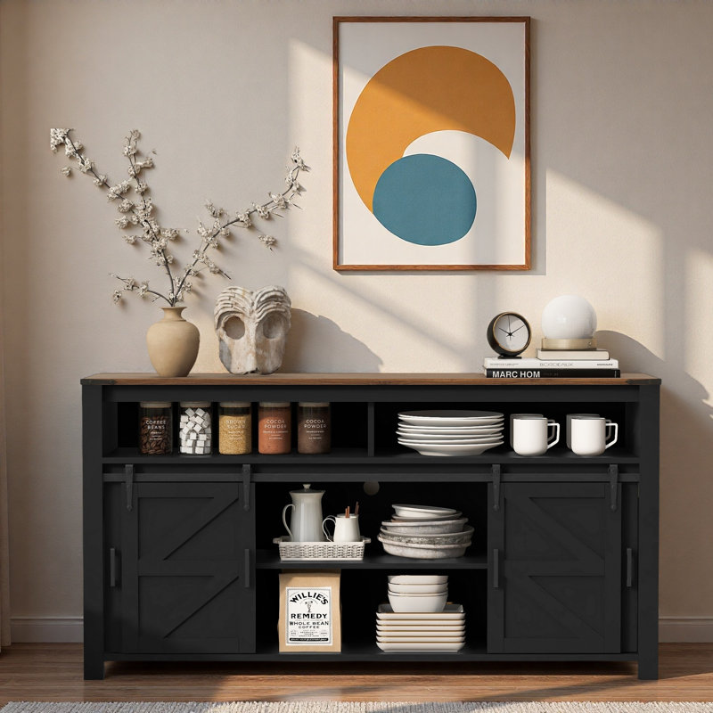 Farmhouse Sideboard With Sliding Barn Door, Mesh Panels And Open Storage, Black/Brown