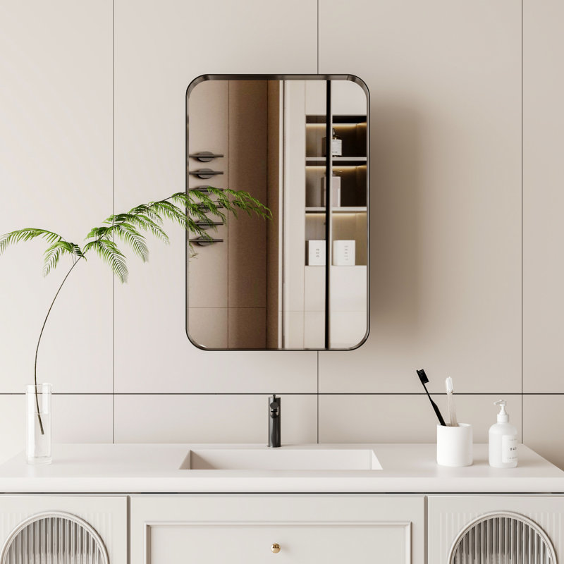 16x24 Inch Bathroom Cabinet With Mirror Shelf - White Metal Frame, Adjustable, Recessed Storage Mirror, Adjustable, Black