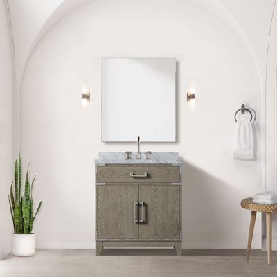 Meuble-lavabo simple en chêne gris 30 po X P 22 po D, avec plateau en marbre de Carrare