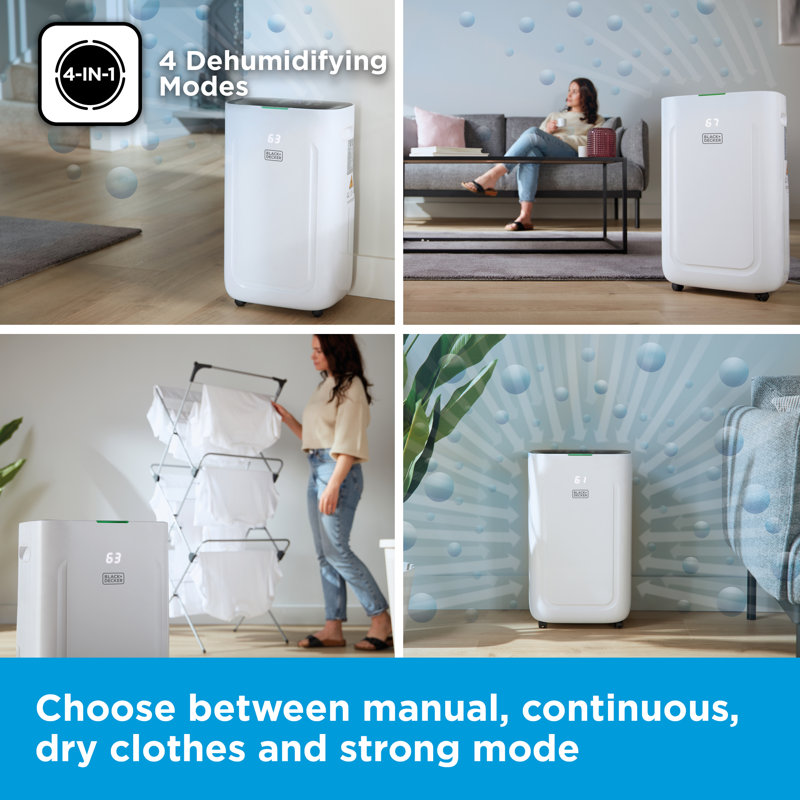 BLACK+DECKER 20L Smart Dehumidifier, 4 Modes, Quiet, 6.5L Water Tank, 24 Hour Timer, White