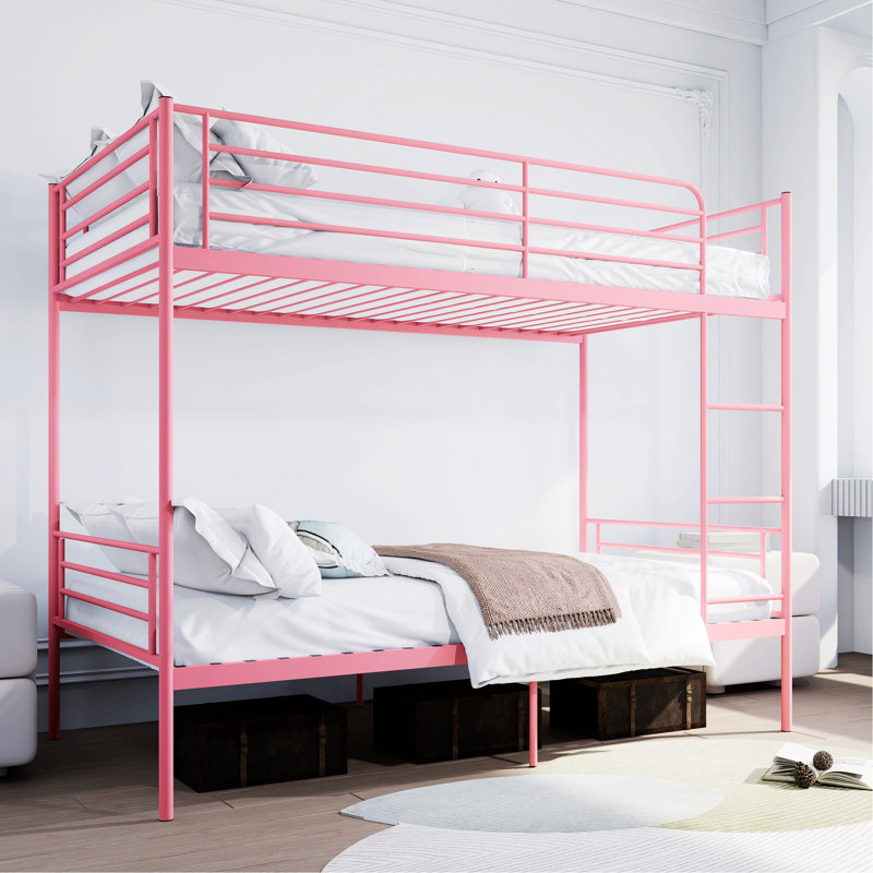 Cadre de lit contemporain pour la maison, lit superposé avec échelle et garde-corps haut, Rose