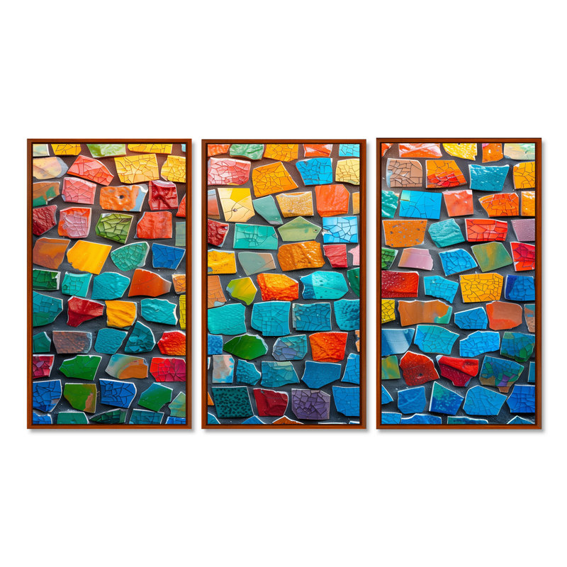 Alexei - Ensemble d'art mural mosaïque Boho, Toile avec cadre flottant brun, H 32 po x l 48 po x P 1 po