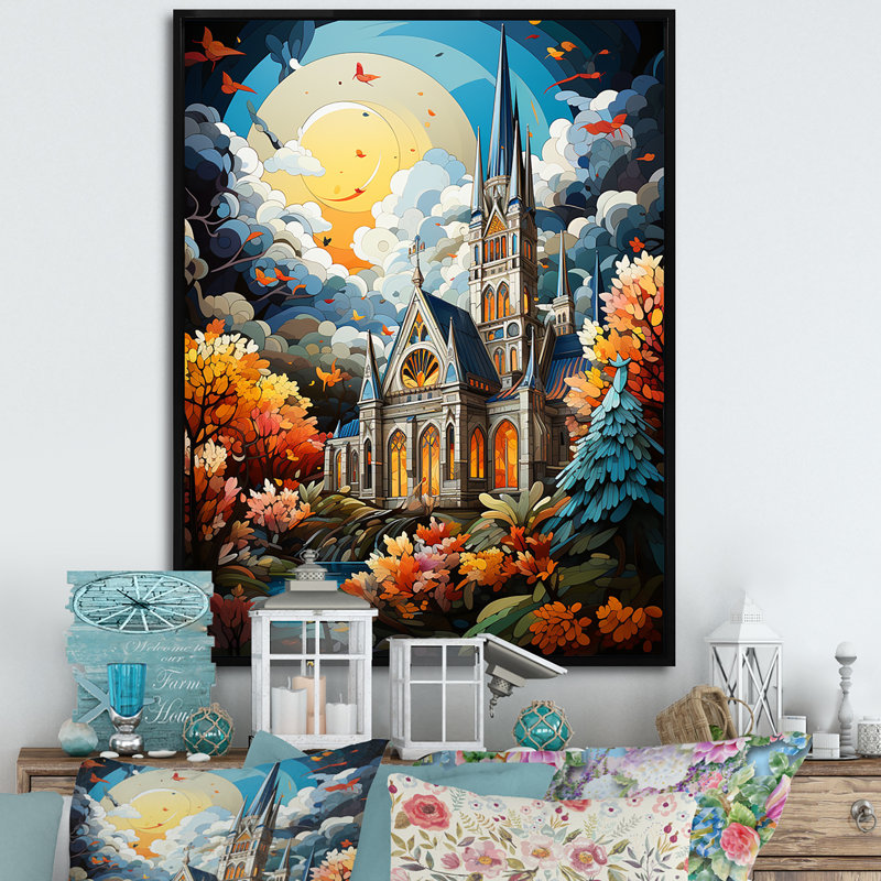 Pop Art Curch At Moon Landscape I - Église, art mural, Cadre flottant noir, H 32 po x l 16 po x P 1 po
