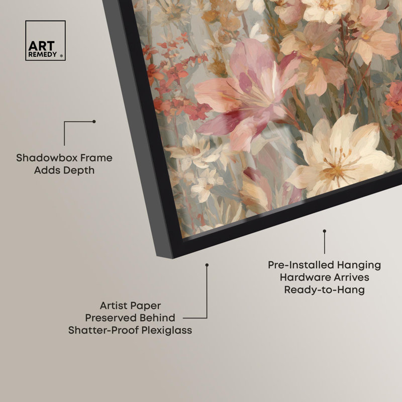 «Soft Cream Wilds Shadowbox», art floral rétro par Art Remedy, Noir, H 16 po x l 11 po