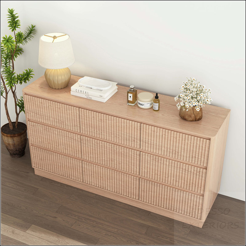 Commode 9 tiroirs Wave Design - Mid-Century, Naturel