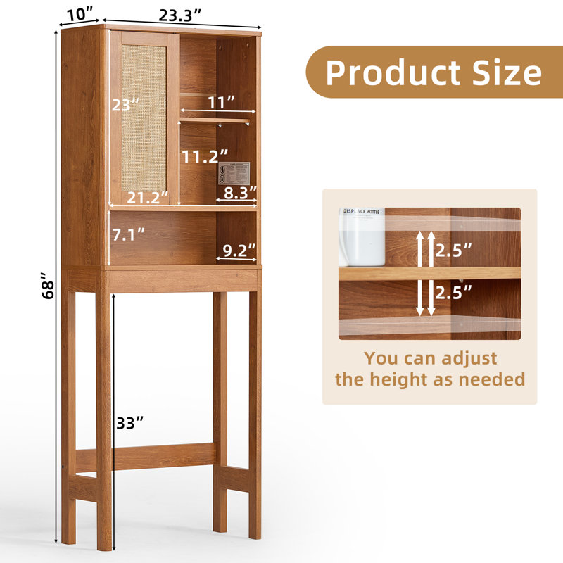 Over The Toilet Storage Cabinet With Rattan Sliding Door, 68" Tall Wood Above Toilet Bathroom Organizer W/Adjustable Shelf & Curved Profile, Space Saver Freestanding Washer Shelf