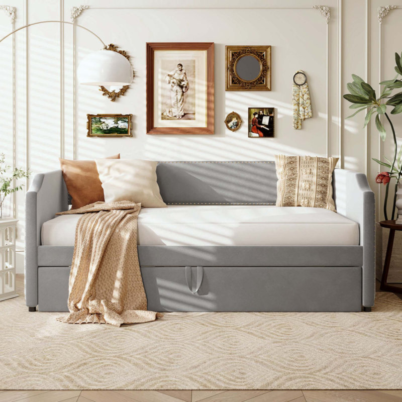 Velvet Upholstered Daybed With Pop Up Trundle, Gray