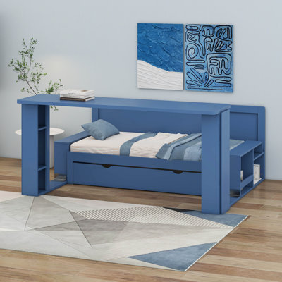 Lit de jour extensible avec bureau amovible et table d'appoint hydraulique, canapé multifonctionnel 4-en-1 Be
