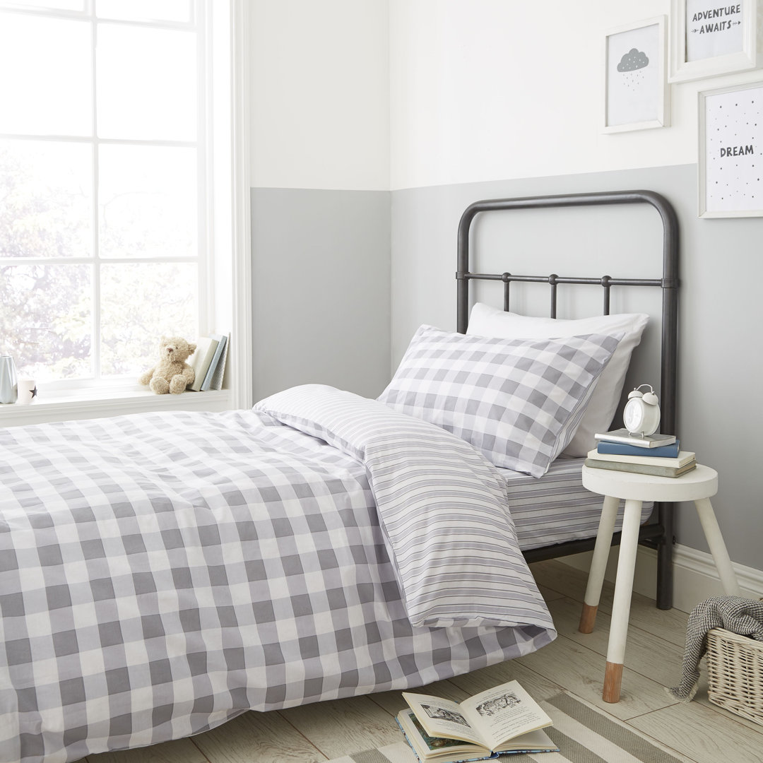 Check and Stripe Reversible 100% Cotton Duvet Cover Set with Pillowcases