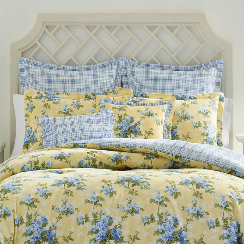 Laura Ashley Cassidy Cotton Yellow Duvet Cover Bonus Set, King Duvet Cover + 4 Shams + 2 Throw Pillow Covers