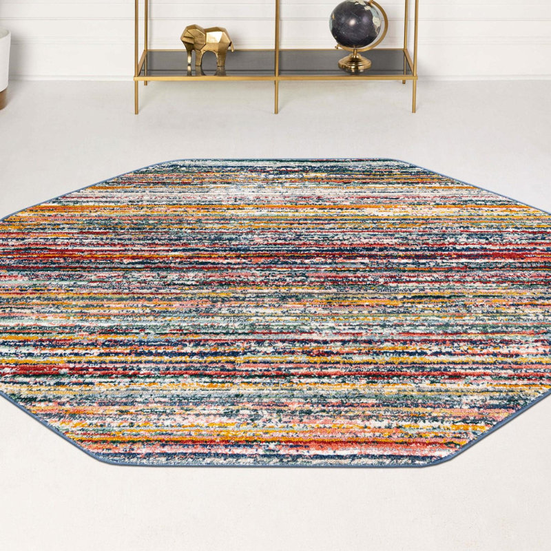 Tapis rayé jaune / bleu / rouge / bleu marine Hulsey, Octogone 7 pi 10 po x 7 pi 10 po