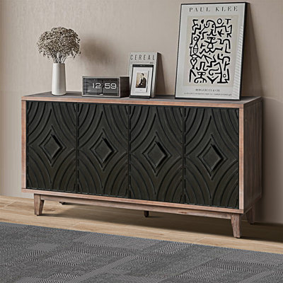 Mid Century Sideboard Buffet Cabinet With Solid Wood Legs 60" Kitchen Storage Cabinet Credenza With 4 Convex Pattern Diamond Doors And 2 Shelves Accent Console Table For Living Room Entrance Hall Etc