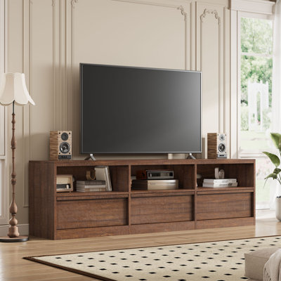 Meuble télé 70 po de style Mid-Century moderne pour téléviseur de 65 à 80 pouces, centre de divertissement industriel avec 3 tiroirs et tablettes ouvertes, console multimédia robuste en bois aggloméré pour le salon
