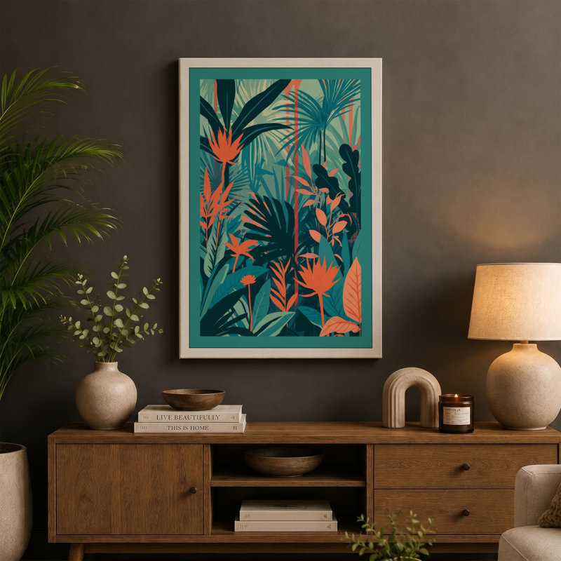 Tropical Garden Pattern Botanical - Wrapped Canvas, 18x12 - 45.7 x 30.5 cm, Black Border