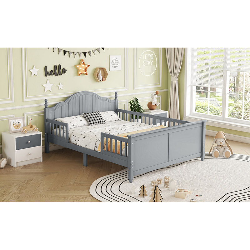 Lit double gris avec tête de lit, rails réglables et différents modes d'utilisation pour un style de vie jeune, avec espace de rangement bas et profil bas