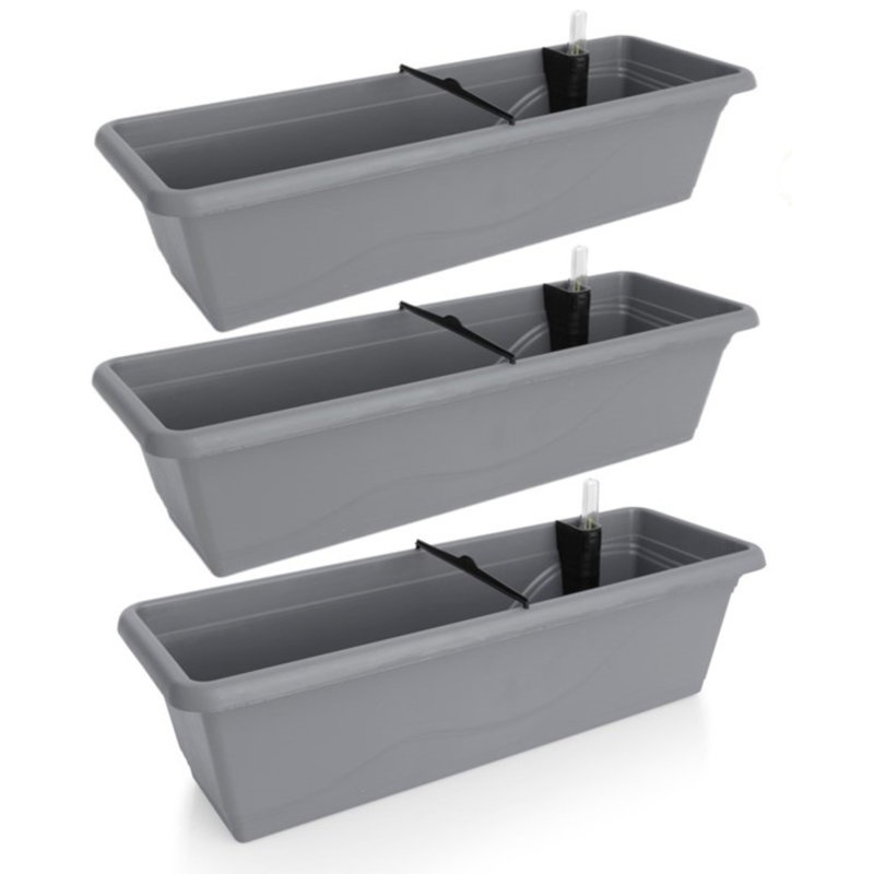 Aashma Self-watering Planters, Troughs, Flower Pots for Balcony Rails, 3, 17cm H x 39cm W x 20.5cm D, Stone Grey