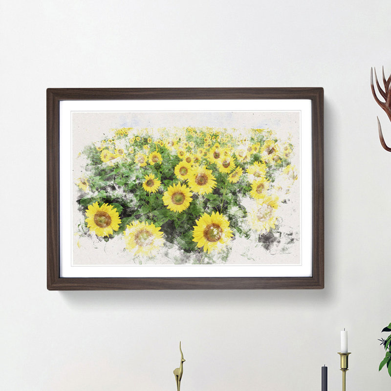 Yellow Sunflower Meadow Watercolour - Picture Frame Graphic Art Print, 45cm H x 63cm W x 2cm D, Walnut Framed
