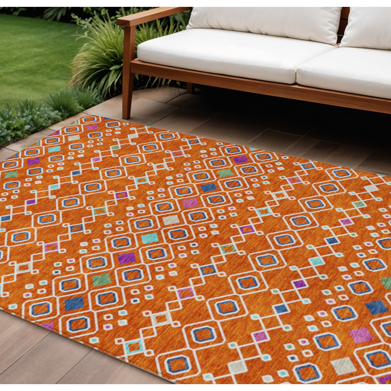 Tapis extérieur lavable à motif géométrique orange, bleu et mauve 8 pi x 10 pi