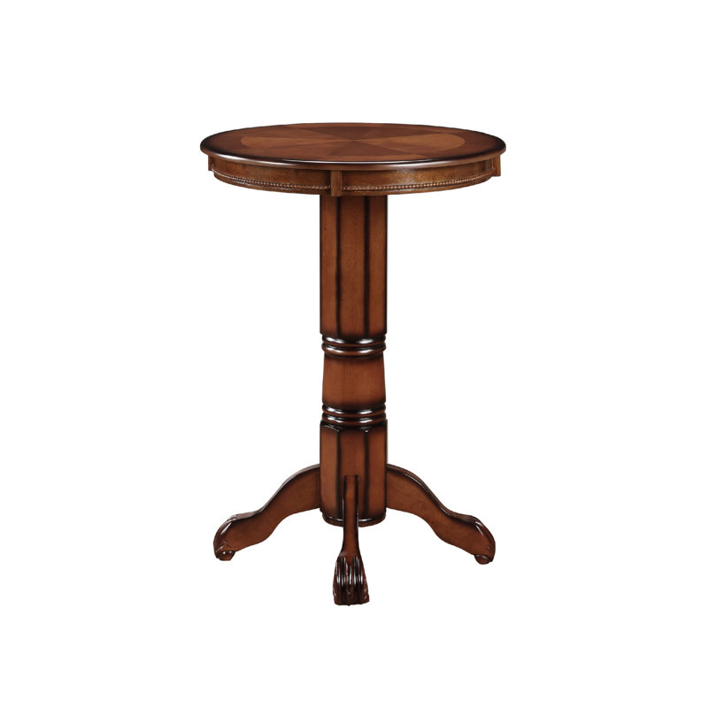 Ava 42 Inch Wood Pub Bar Table, Sunburst Design, Carved Pedestal, Brown, Brown
