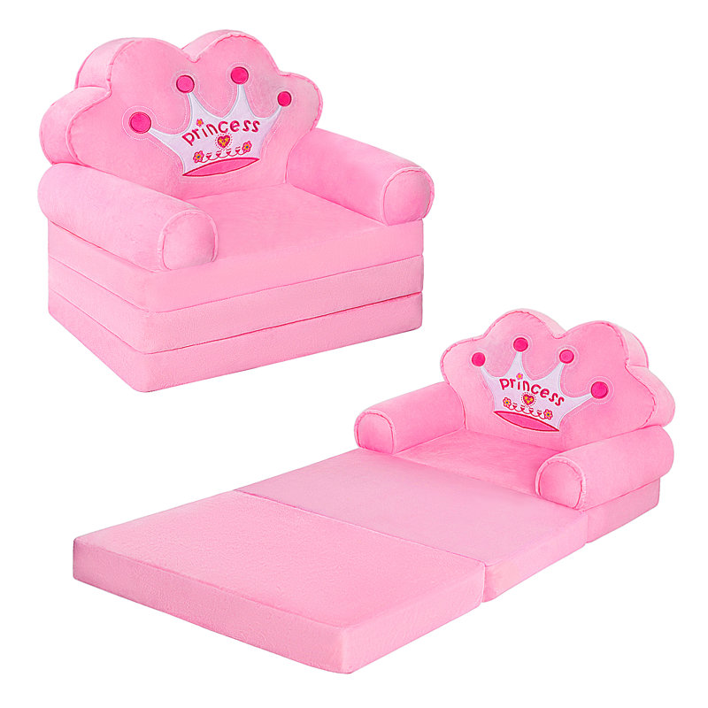 Kids 2-in-1 Foldable Princess Sofa and Flip-Out Lounger, Soft Foam Convertible Chair for Girls Playroom & Bedroom, Pink Gift for Birthday, Ages 1-3