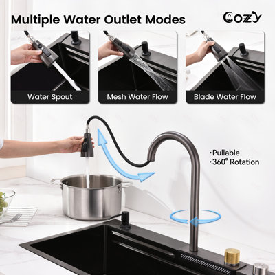 Évier de cuisine Waterfall, cuve simple en acier inoxydable noire, poste de travail multifonctionnel avec robinet de pluie et planche à découper, évier simple en acier inoxydable 30 x 22 po