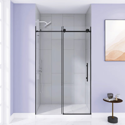 44-48 "W X 76" H Frameless Shower Door , 1/4 "(6 Mm) Clear Tempered Glass, Explosion Proof Film, Stainless Steel Handle, Matte Black