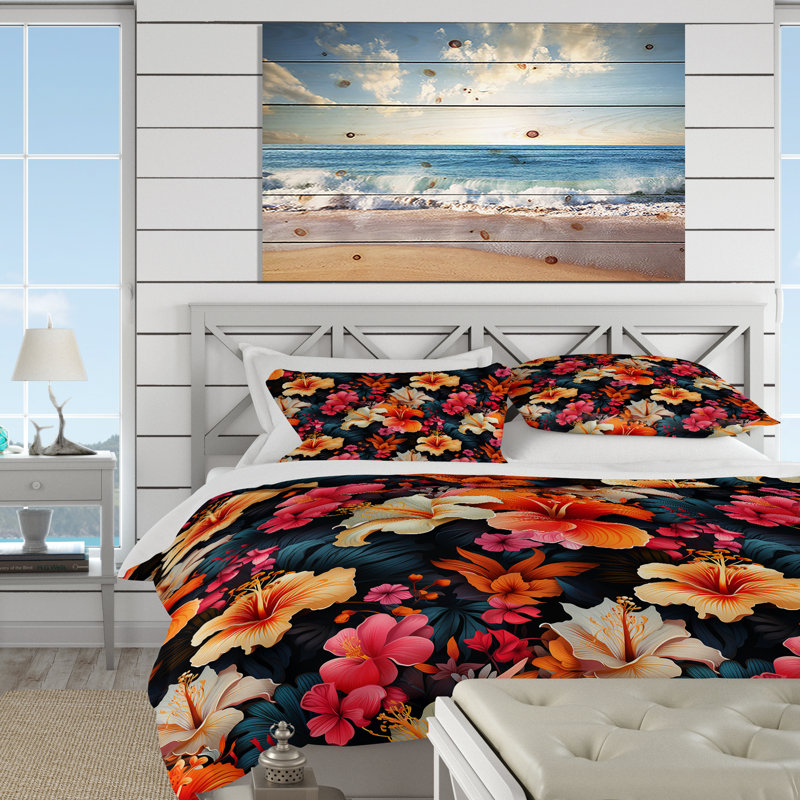 Ensemble de housse de couette Exotic Hibiscus Floral Oasis I, Housse de couette simple + 1 taie décorative stan