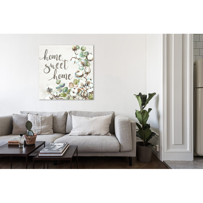 Cotton Boll & Eucalyptus: Home Sweet Home - Wrapped Canvas Painting, 61 cm H x 61 cm W