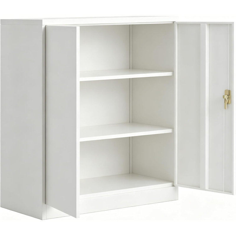 35" Metal Storage Cabinet, 2 Adjustable Shelves, Lockable Doors, White, Heavy Duty