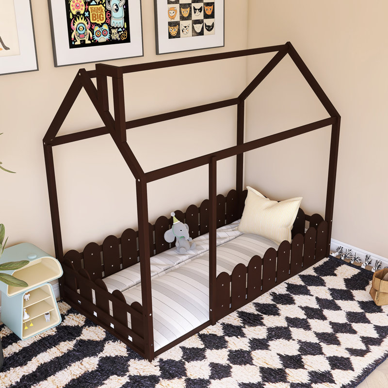 Wood Bed House Bed Frame With Fence, Espresso , Twin