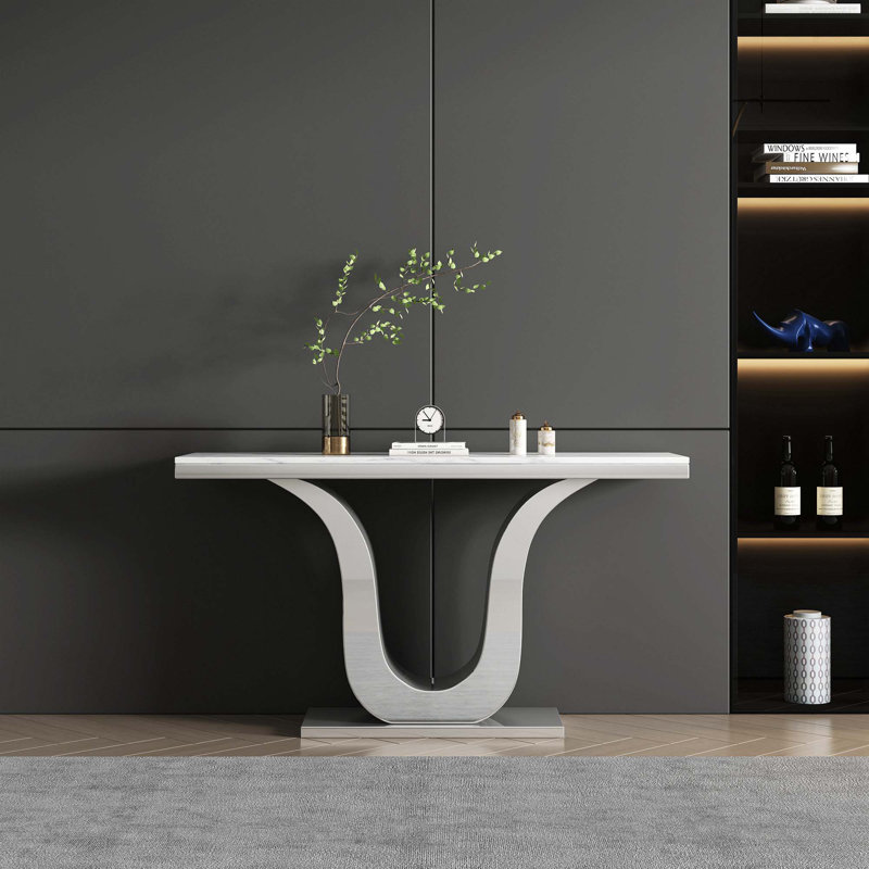 50'' Marble Top Console Table, Silver, White