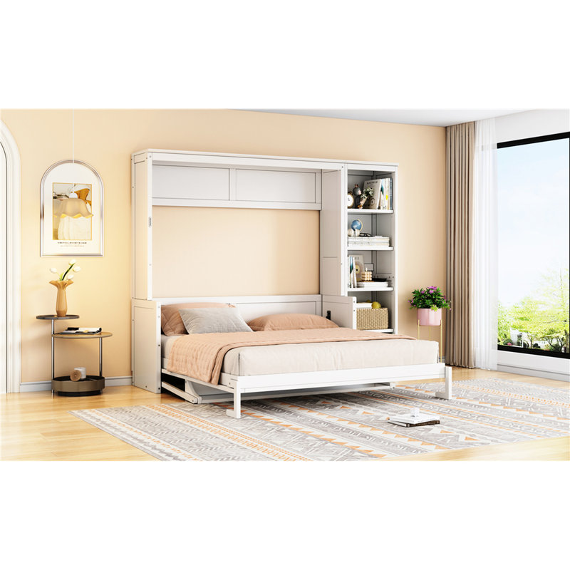 Grand lit, blanc, bureau, conception de bibliothèque, pin, structure, installation sans sommier, composition, nécessaire