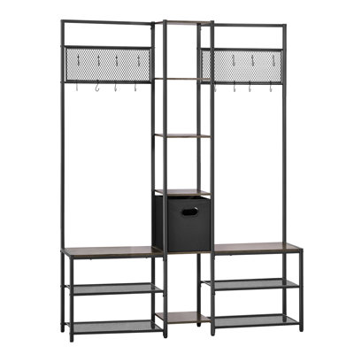 Corner Hall Tree with Shoe Bench, 70.9 in Coat Rack with Hooks and Steel Frame, Freestanding Clothes Shoes Rack Storage Organizer with Anti-Tip Set, for Entrance, Closet, Office, Rustic Brown