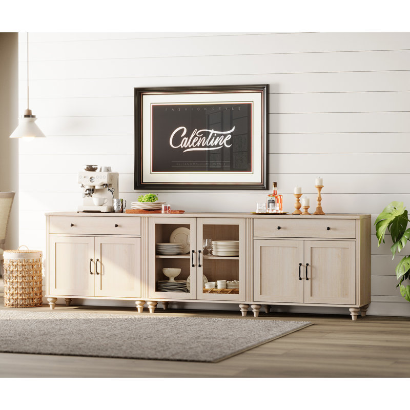 Buffet Corretta avec 2 tiroirs, 2 portes en verre et 4 portes en bois, Beige