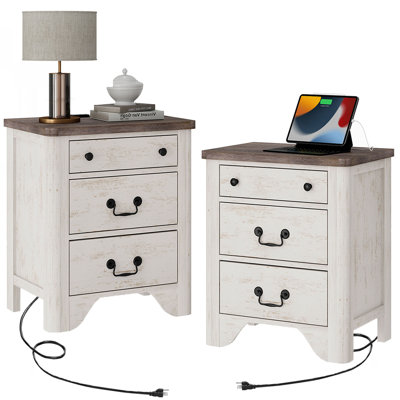 Haikey Farmhouse Wood Nightstand Set of 2 With Built-In Charging Station by Lark Manor