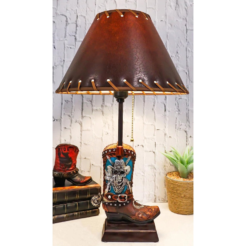 Rustic Western Cowboy Boot Table Lamp with Skull and Pistols