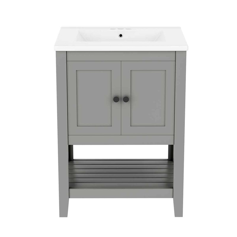 Meuble-lavabo moderne élégant de 24 po avec meuble-lavabo en céramique élégant et tablette ouverte, Gris