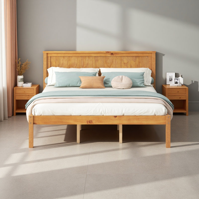 Base de lit plateforme avec tête de lit, support à lattes de bois, aucun sommier requis, Grand lit, Chêne
