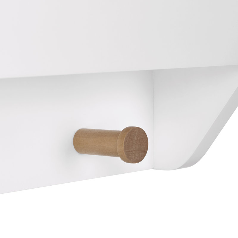 White MDF Floating Wall Shelf with Wooden Hooks