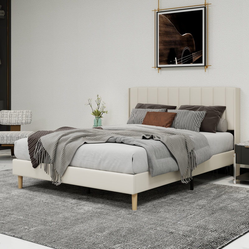Lit plateforme tapissier avec tête de lit, Beige, Grand