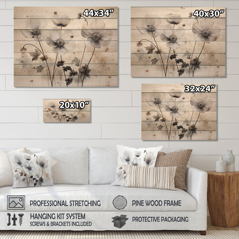 «Buttercups Fields On Grey I» - Art mural en bois sur un bois de pin naturel, H 30 po x l 40 po