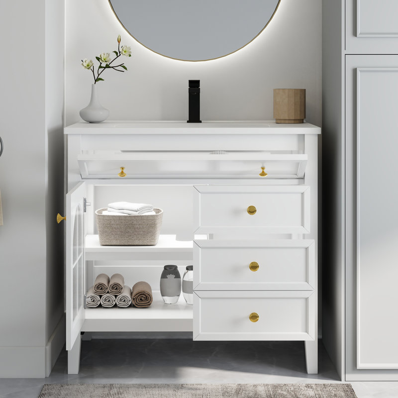 36" Bathroom Vanity With Ceramic Sink & Motion-Sensor Light, White