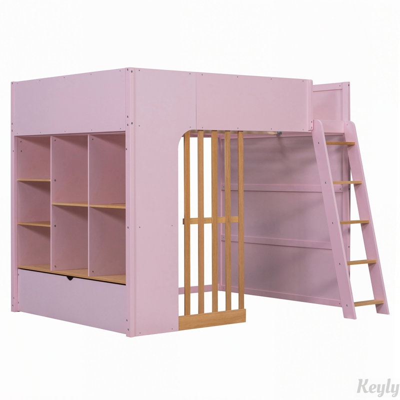 Lit mezzanine surélevé avec tablettes de rangement, tiroir et échelle, Full / Double, Pink