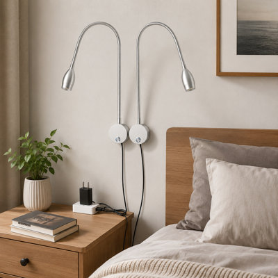 2-Pack Wall-Mounted LED Bedside Reading Lamps | 360° Flexible Gooseneck, 3 Colors, Touch Dimming and Plug-In Power for Eye-Friendly Headboard Reading