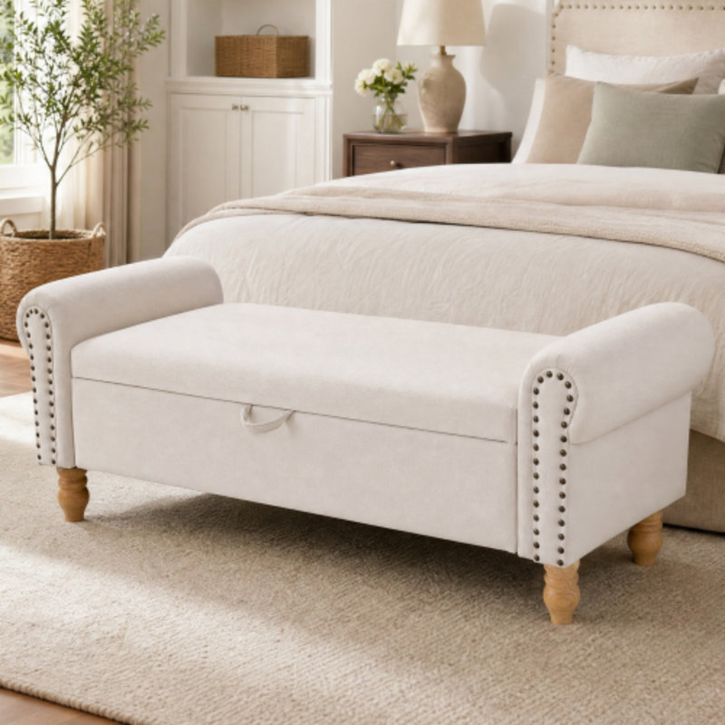 Banc de rangement rembourré avec pieds en bois, banc de bout de lit avec accoudoirs roulés, pour salon, entrée