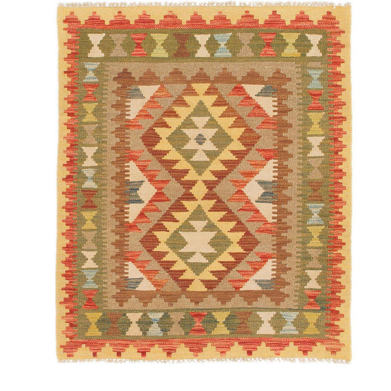 Tapis de surface en laine vert/rouge/beige 3 pi x 3 pi noué la one-of-kind Doorfield