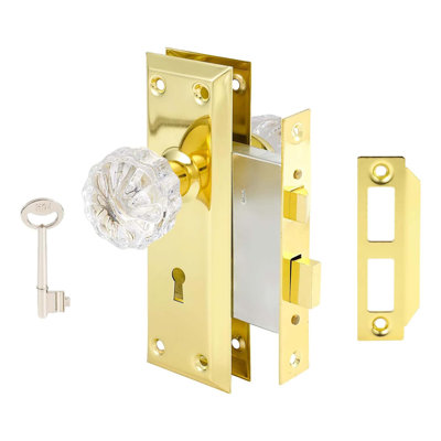 Mortise Lock Set Polished Brass Finish Crystal Glass Door Knobs with Lock Skeleton Key Vintage Antique Handle
