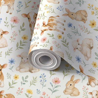 Peel and Stick Wallpaper Contact Paper Watercolor Baby Farm Animals Floral Self Adhesive and Removable 24in x 118in(60x300cm)