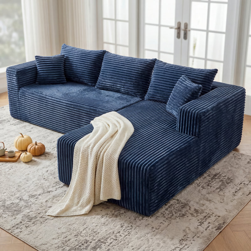Canapé d'angle modulaire en flanelle de 276 cm (108,66 po), enroulable en 2 pièces avec 5 coussins, aucun assemblage requis, bleu